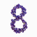 Photo No. 8 of purple flowers on a white background. Typographic design element. Part of the flower alphabet. Numeral 8