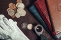 Photo of numismatist table with coins