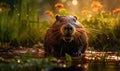 Photo of nutria captured with exquisite detail featuring its iconic orange incisors and webbed feet amidst a lush wetland habitat Royalty Free Stock Photo