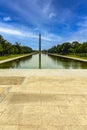 Photo of the obelisk of President George Washington under a blue summer sky on the National Mall in Washington DC.