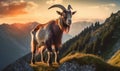 Photo of Oberhasli goat gracefully perched on a rocky ledge overlooking a picturesque alpine meadow. image showcases the goats