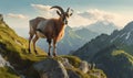 Photo of Oberhasli goat gracefully perched on a rocky ledge overlooking a picturesque alpine meadow. image showcases the goats