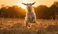 photo of Oberhasli goat jumping happily in tall grass at sunset. Generative AI Royalty Free Stock Photo