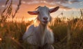 photo of Oberhasli goat sitting in tall grass at sunset. Generative AI Royalty Free Stock Photo