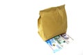 Paper bag and paper money on white background