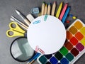 Photo of office and student gear over white background Royalty Free Stock Photo