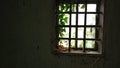 Old abandoned window with cobwebs in an old house