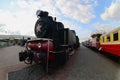 Photo of old black steam locomotives of the Soviet Union. Strong distortion from the fisheye len Royalty Free Stock Photo