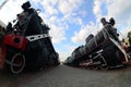 Photo of old black steam locomotives of the Soviet Union. Strong distortion from the fisheye len