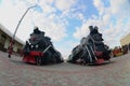 Photo of old black steam locomotives of the Soviet Union. Strong distortion from the fisheye len Royalty Free Stock Photo