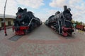 Photo of old black steam locomotives of the Soviet Union. Strong distortion from the fisheye len Royalty Free Stock Photo