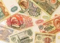 The photo of old soviet ruble banknotes. Set of old soviet roubles. Image can be used as background. Royalty Free Stock Photo