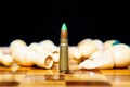 Photo of one bullet standing on chessboard among lying chess pieces. Royalty Free Stock Photo