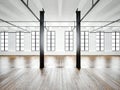 Photo of open space interior in modern loft. Empty white walls. Wood floor, black beams,big windows. Horizontal, blank Royalty Free Stock Photo