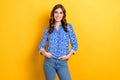 Photo of optimistic cheerful successful businesswoman hands jeans wear blue shirt work main company office isolated on