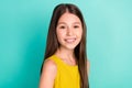 Photo of optimistic nice brown hair girl hand chest wear yellow dress isolated on bright teal color background Royalty Free Stock Photo