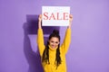 Photo of optimistic nice brunette girl show banner sale wear sweater isolated on purple background