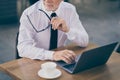 Photo of optimistic old business man write laptop hold spectacles wear white shirt outdoors near work center Royalty Free Stock Photo