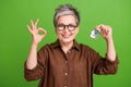 Photo of optimistic woman with short hair wear brown shirt hold keys show okey recommend apartments isolated on green