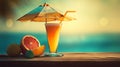 orange juice with umbrella and fruit in table with blur sea background Royalty Free Stock Photo