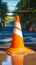 Photo Orange and white street cone against natural background, caution symbol