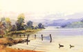 original watercolour painting quiet waters lake district national park scene water ducks animals