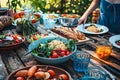 A photo of an outdoor dining table with various dishes, including salad and vegetables in blue bowls. Ai Generated