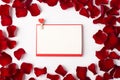 Photo overhead of roses empty blank space paper and petals isolated on the white background