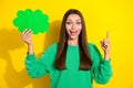 Photo of overjoyed funny girl arm hold empty space cloud shape point finger isolated on yellow color background Royalty Free Stock Photo