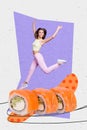 Photo of overjoyed woman jumping carefree california sushi takeaway healthy food promo poster advert sale weekend