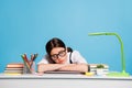 Photo of overworked high student girl prepare scholar exam sit table feel fatigue sleep wear white black uniform