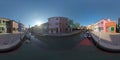 360 VR Burano island scene with traditional houses, canal and bell tower. Italy Royalty Free Stock Photo