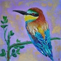 Photo of the painting. Bird photo. Bird. Golden bee-eater. Multi-colored bird. Bee-eater. Beautiful bird. Painting. Bird oil. Royalty Free Stock Photo