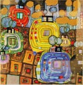 Photo of the painting: `PAVILIONS AND BUNGALOWS FOR NATIVES AND FOREIGNERS` by Hundertwasser Royalty Free Stock Photo