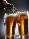 Photo Of Pair Of Beer Glasses Making A Toast, Beer Splash. Generative AI