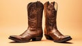 Photo of a pair of rustic cowboy boots resting on a wooden table