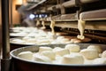 Photo of a pan filled with marshmallows on a kitchen counter. Industrial cheese production plant. Modern technologies. Production Royalty Free Stock Photo