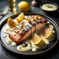A photo of a pan-seared salmon with lemon sauce on a plate by generative AI