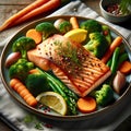 A photo of a pan-seared salmon with vegetables on a plate by generative AI