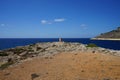 Photo panorama. Cape in the Mediterranean Sea near the Cumnija Sewage Treatment Plant. Mellieha, Malta