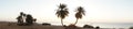 Photo panorama. Date palms against the backdrop of sunrise over the Red Sea in the Gulf of Aqaba. Dahab, Egypt Royalty Free Stock Photo