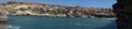 Photo panorama. Popeye Village, also known as Sweethaven Village, is located in Anchor Bay. Triq Tal-Prajjet, Il-Mellieha, Malta. Royalty Free Stock Photo