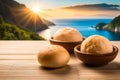 photo pao de queijo brazilian food cheese bread with beautiful beach background ai generated