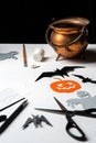 Photo of paper skull, pumpkin, ghost, bat .