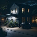 A car parked in front of a house at night created with Generative AI technology Royalty Free Stock Photo