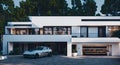 Ai generated parked white car in front of a suburban house