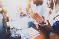 Photo of partners clapping hands after business seminar. Professional education, work meeting, presentation or coaching Royalty Free Stock Photo