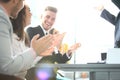 Photo of partners clapping hands after business seminar. Professional education, work meeting, presentation or coaching Royalty Free Stock Photo