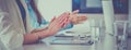 Photo of partners clapping hands after business seminar. Professional education, work meeting, presentation Royalty Free Stock Photo