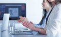 Photo of partners clapping hands after business seminar. Professional education, work meeting, presentation Royalty Free Stock Photo